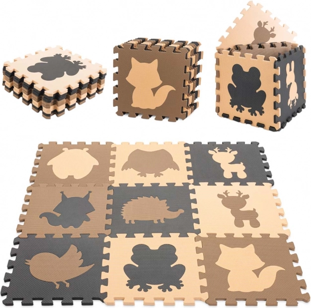 Covoraș puzzle educativ din spumă cu animăluțe, bej, 85 × 85 cm, 9 piese