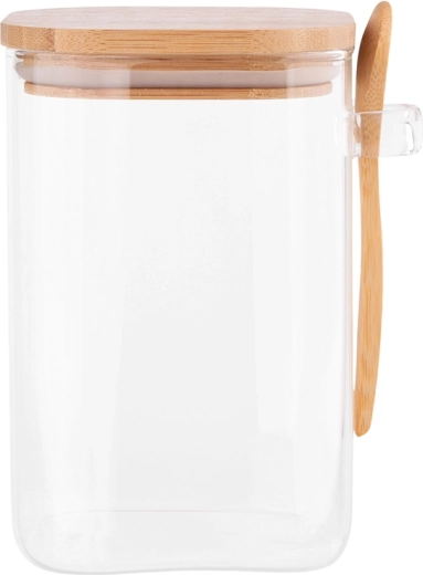 Borcan pătrat din sticlă borosilicată 1 l cu capac din bambus și linguriță