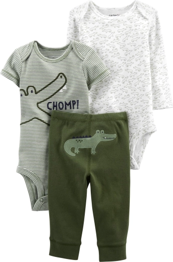 Set Carter’s din 3 piese pentru bebeluș Green Croc – 2× body și pantaloni tip trening