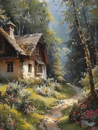 Norimpex pictură pe numere Cabană pe drumul din pădure 40 × 50 cm