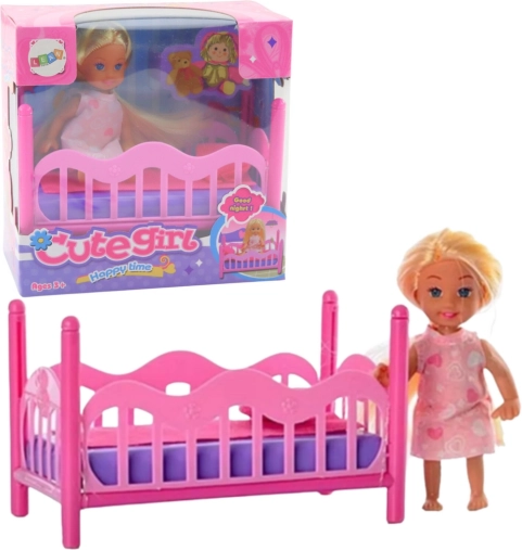 Set mini păpușă în pijama pătuț roz