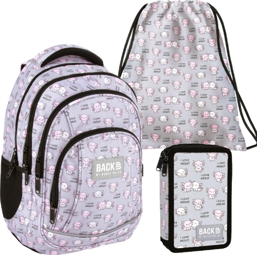 Set școlar BackUP Axolot Love 3v1 – rucsac, penar echipat și sac