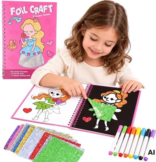 Set creativ WOOPIE cu folii și planșe de colorat Prințese, 121 de piese
