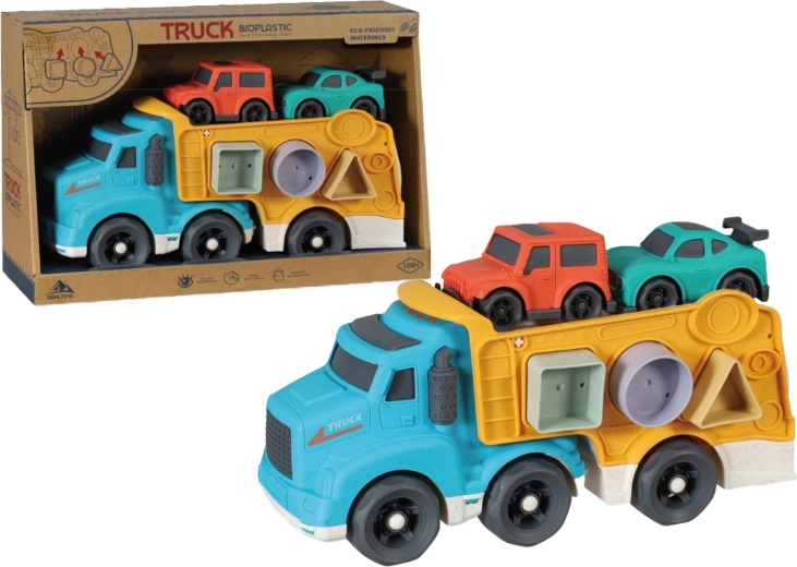 Camion de transport din bioplastic cu mașinuțe și sorter (jucărie de potrivit forme) 29 cm