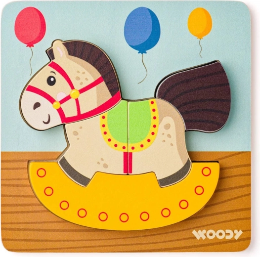 Puzzle din lemn de încastrat WOODY Baby, căluț balansoar – 5 piese