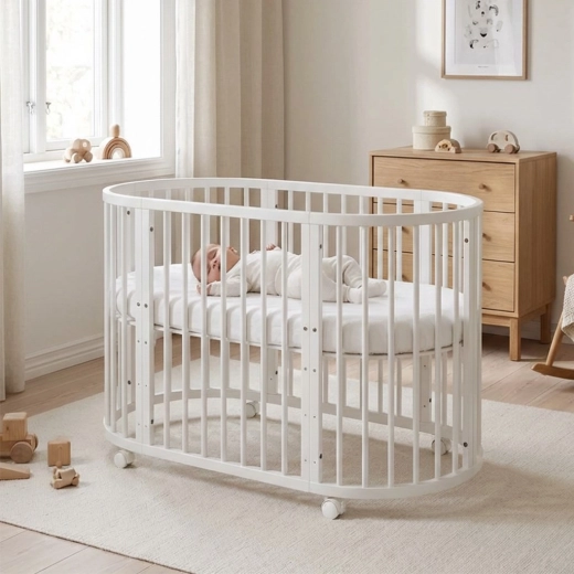 Pătuț oval extensibil 3-în-1 cu saltea New Baby, alb