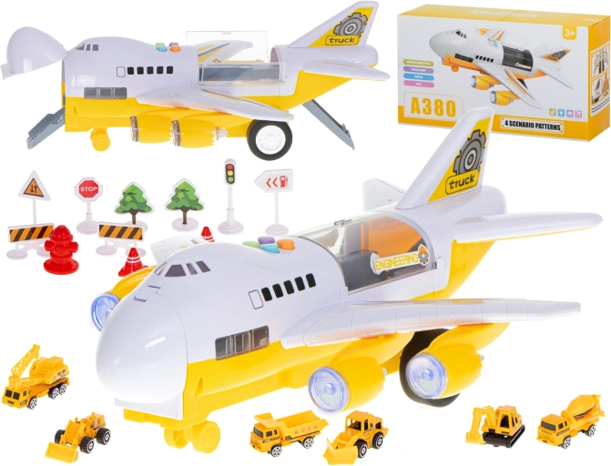 Avion de transport cu mașinuțe de construcție, fuselaj deschis și efecte luminoase