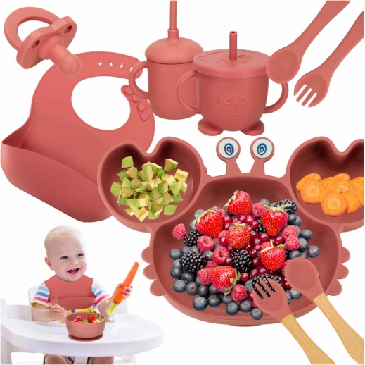 Set de veselă din silicon pentru copii, crab, 19 buc, roz închis