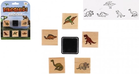 Ștampile din lemn dinozauri 5+1 cu tușieră, 3 × 3 cm