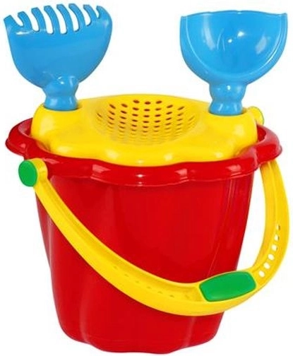 Mini set de nisip pentru copii cu sită – găletușă, lopățică și grebluță