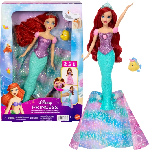 Disney Princess păpușa Ariel 2în1, prințesă și sirenă, cu accesorii
