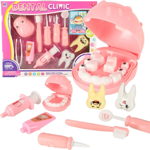 Set stomatologic cu hipopotam – jucărie educativă pentru copii – Roz