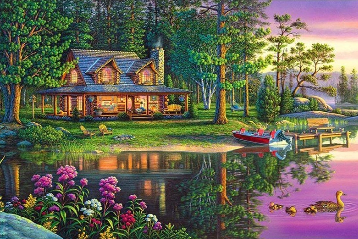 Norimpex Pictură pe numere Casă în pădure lângă iaz 40 × 50 cm