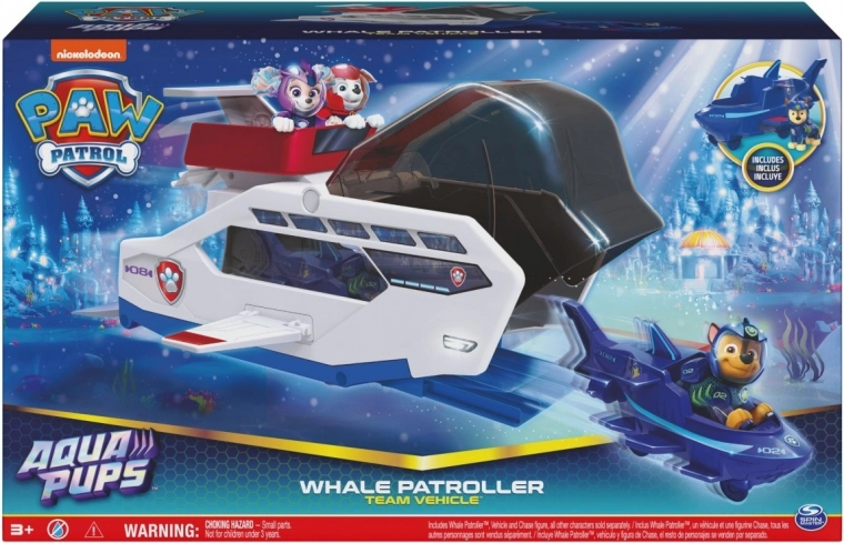 PAW Patrol Aqua Pups patrulatorul-balena cu figurina Chase și vehicul cu lansare