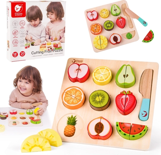 Set din lemn pentru tăierea fructelor Montessori Classic World, 20 de piese