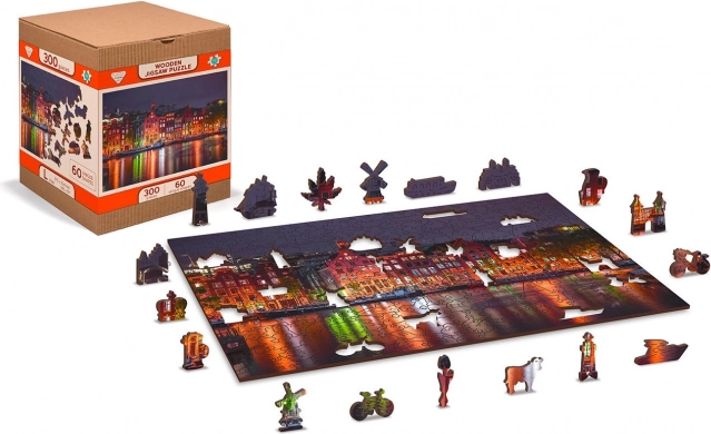 Puzzle din lemn Amsterdam Noaptea cu piese unice