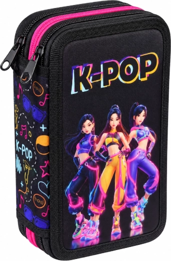 Penar școlar complet echipat, cu trei compartimente, K-Pop Demon Hunters Huntrix, negru