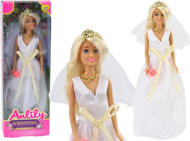Păpușa Anlily în rochie de mireasă cu buchet de flori și coroană
