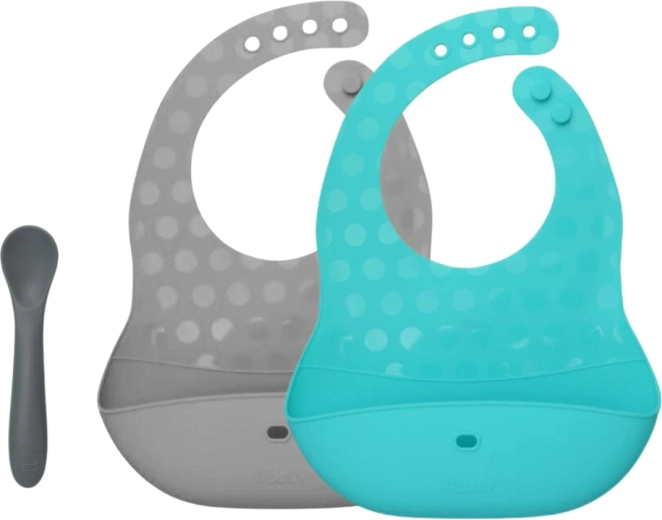 Bblüv Pöket set de bavete și linguriță din silicon aqua/gri