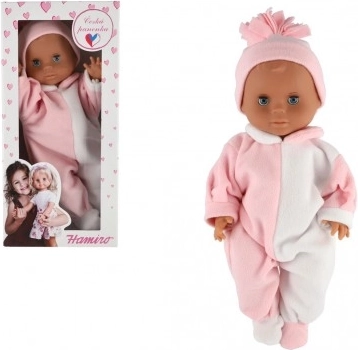 Păpușă bebeluș HAMIRO 40 cm cu corp rigid, în salopetă alb-roz și căciuliță roz