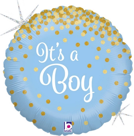 Balon din folie Grabo albastru „E băiat!” cu confetti aurii 46 cm - 1 bucată