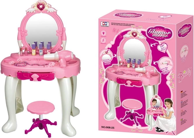 Măsuță de toaletă Glamour cu oglindă iluminată și uscător de păr pe baterii