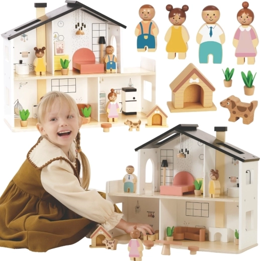 Căsuță din lemn pentru păpuși Tooky Toy cu accesorii și familie (20 piese)