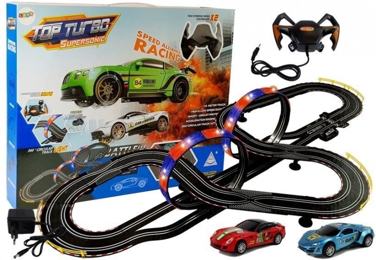 Pistă de curse 1:43 cu 2 mașinuțe Top Turbo cu lumini, lungime 7,6 m