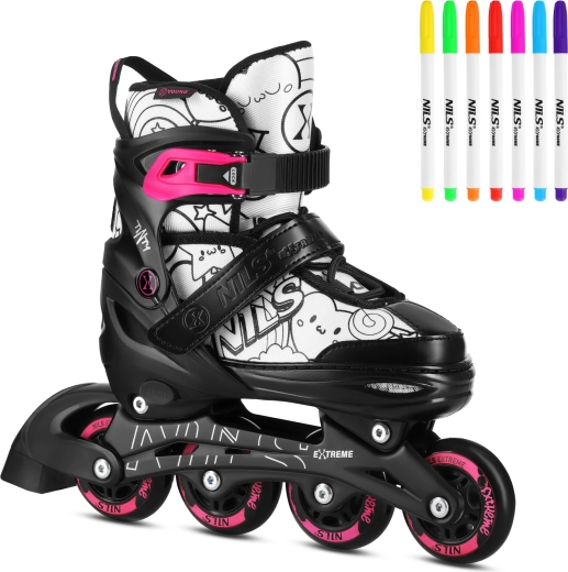 Patine reglabile pentru copii 4 în 1 cu markere NILS Extreme Tinty – roz – M (35-38)