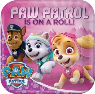 Paw Patrol Pink - farfurii pătrate pentru petrecere 23 cm (8 buc)
