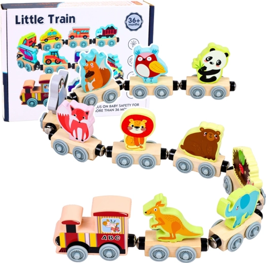 Trenuleț magnetic din lemn cu animăluțe – locomotivă și vagoane