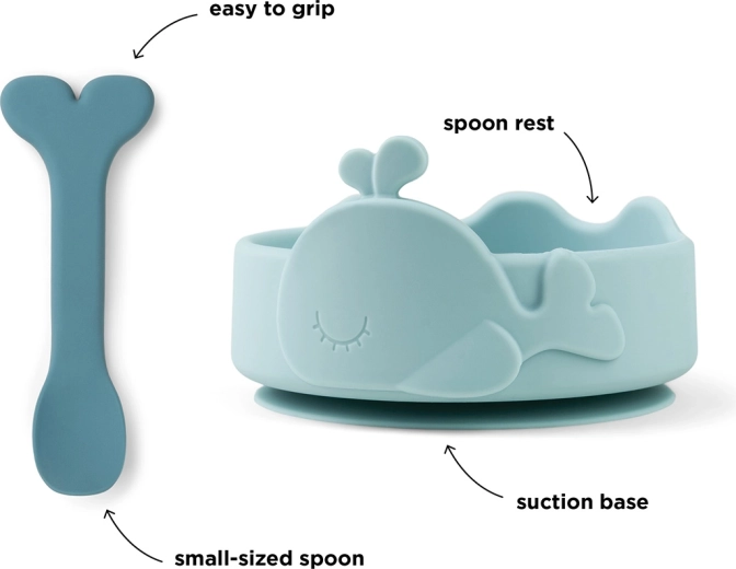 Bol din silicon Done by Deer cu ventuză și linguriță Stick&Stay Wally, albastru