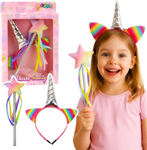 Set de accesorii pentru copii unicorn – bentiță cu corn și baghetă magică
