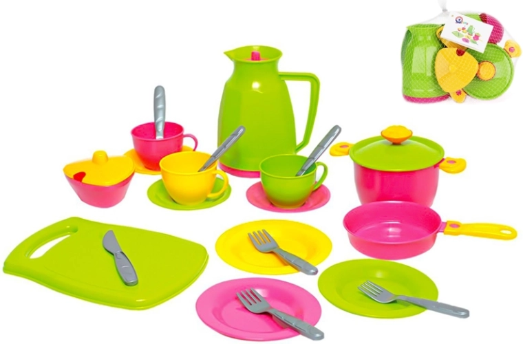 Set de veselă din plastic pentru copii cu ibric și tocător, 24 de piese