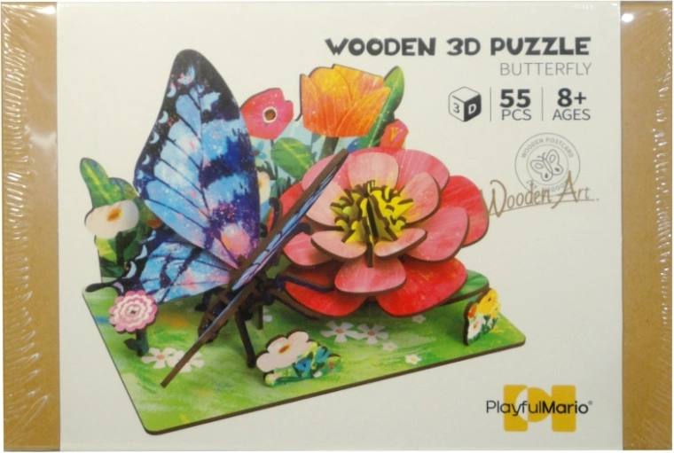 Puzzle 3D din lemn DIY – pajiște cu fluture și flori