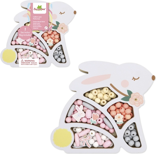 Mărgele din lemn în culori pastel, în cutie iepuraș