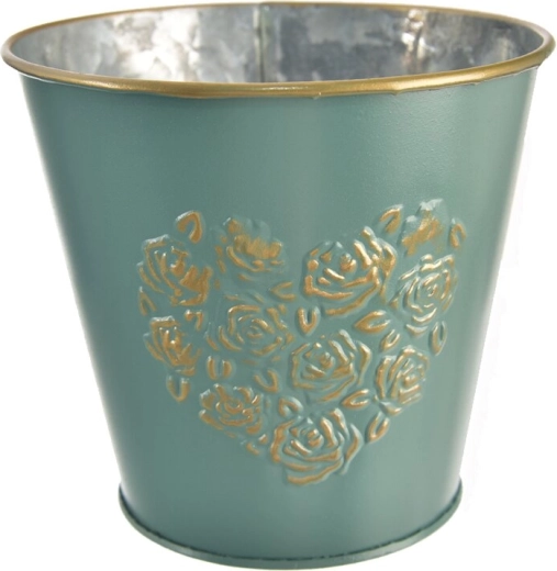 Ghiveci decorativ din tablă în formă de inimă, verde-auriu, 14 × 14 × 15 cm