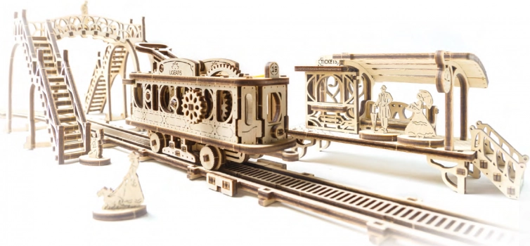 Set mecanic din lemn UGEARS linie de tramvai Mechanical Town