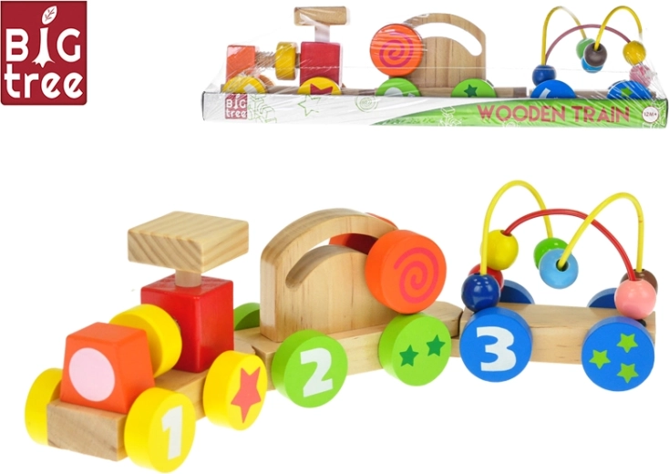 Trenuleț din lemn de tras cu vagoane 33 cm – jucărie educativă pentru copii de la 12 luni