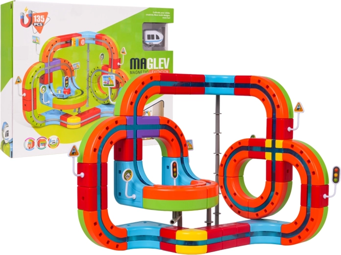 Pistă de tren magnetică colorată cu tunel antigravitațional – 135 piese