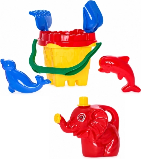 Set de nisip castel – găleată, sită, stropitoare, forme, lopățică și greblă (7 piese)