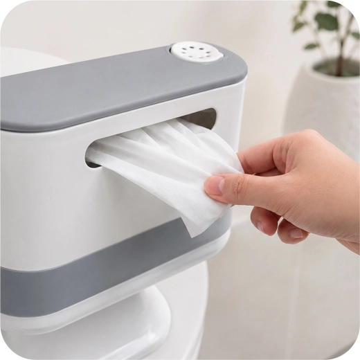 Dispenser integrat pentru șervețele și accesorii practice