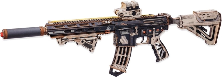 RoboTime ROKR pușcă 3D din lemn de asamblat cu tragere cu elastice M416 Carbine