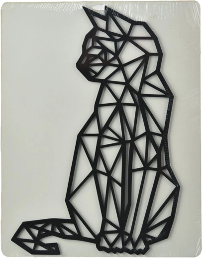 Decorațiune de perete Pisică – siluetă geometrică, neagră, din lemn 24 × 36 cm