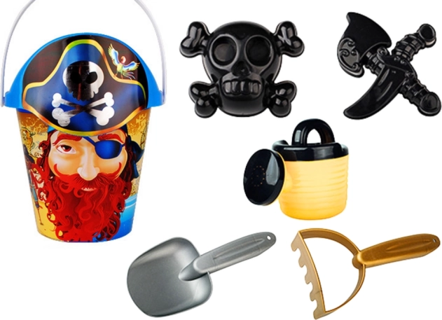 Set de joacă pirați pentru nisip – găleată, stropitoare, sită și forme (6 piese)