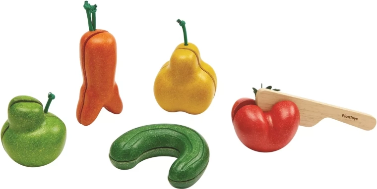 PlanToys fructe și legume „strâmbe” – set de tăiere