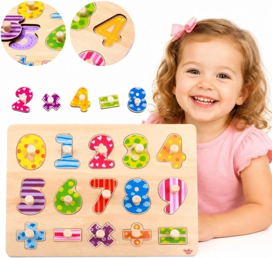 Puzzle de inserție din lemn Tooky Toy cu numere și semne matematice