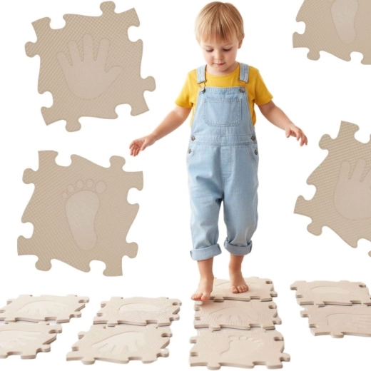 Covoraș puzzle ortopedic senzorial Woopie, mâini și picioare, 16 piese, bej