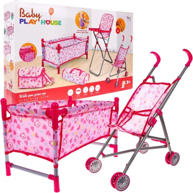 Set de accesorii pentru păpuși pentru copii 3+ Îngrijire bebeluși cu cărucior, scaun înalt, pătuț și 2 genți