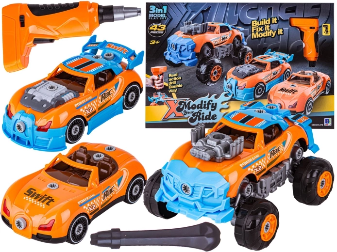 Mașină 3-în-1 demontabilă și reasamblabilă, tuning, cu șurubelniță electrică pe acumulator (monster truck) - 1 bucată